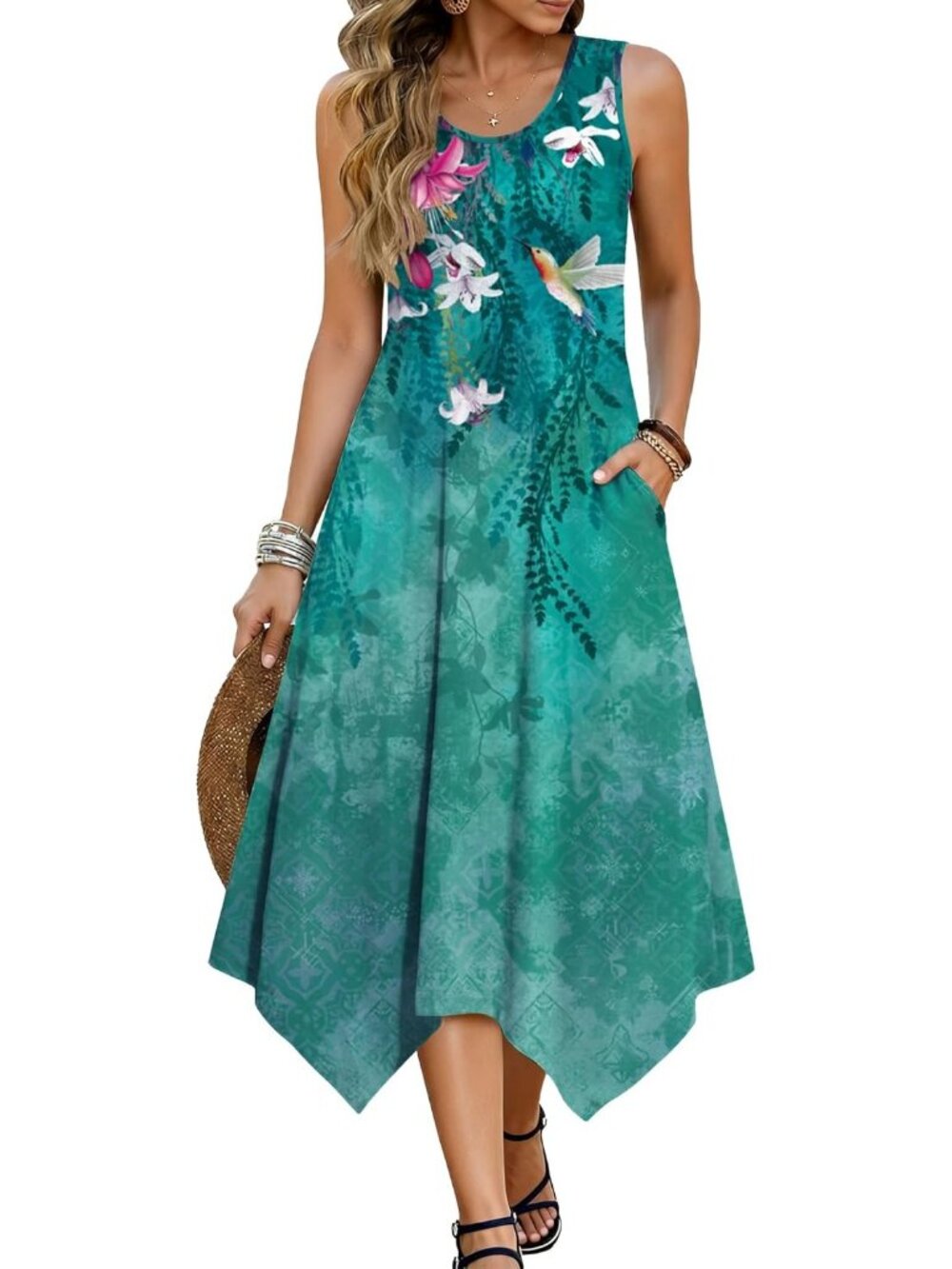 Hotouch Women's Floral Green Tank Sleeveless Sundress Hankerchief Beach Dress